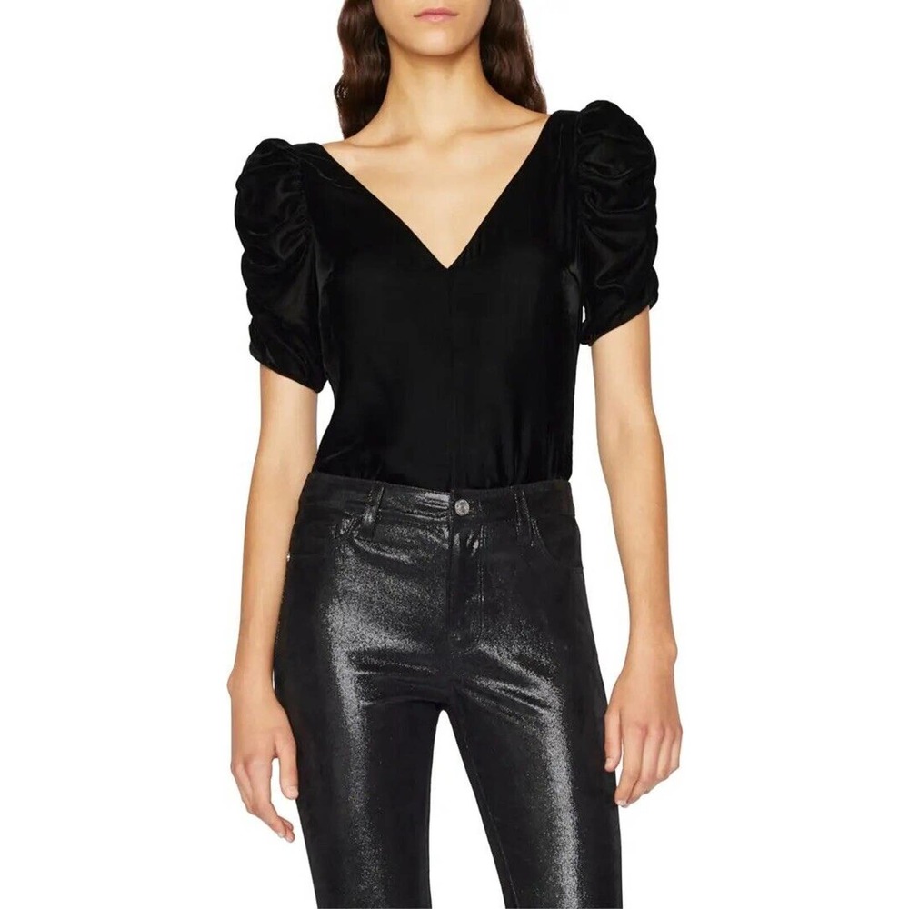 NWOT Frame Womens Ruched Sleeve Velvet Top Size XS V Neck Lined Zipper Black